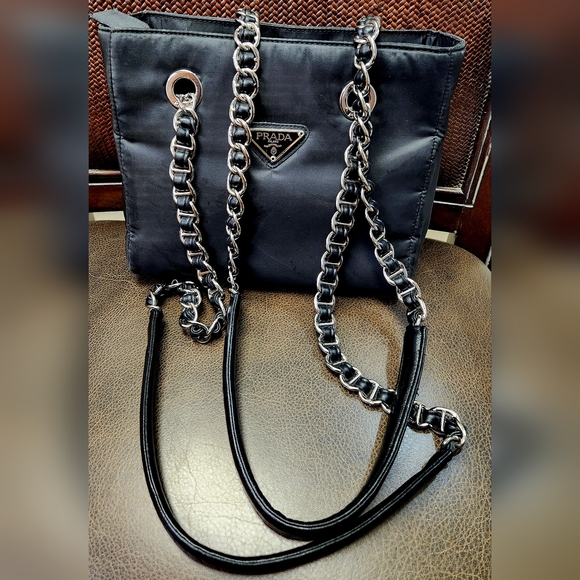 PRADA Black Nylon Tessuto Tote with Leather Thread Chain - Picture 11 of 16